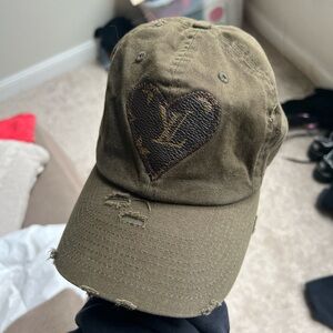 Olive Green distressed Louis Vuitton Heart Patch Cap